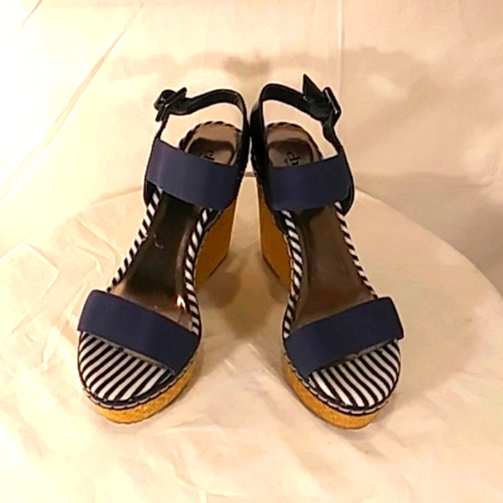 Charles David Navy Striped Espadrille Wedge Sandals